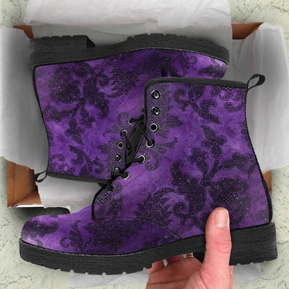 unboxing experience of the purple gothic damask printed vegan combat dr marten style boots at gallery serpentine