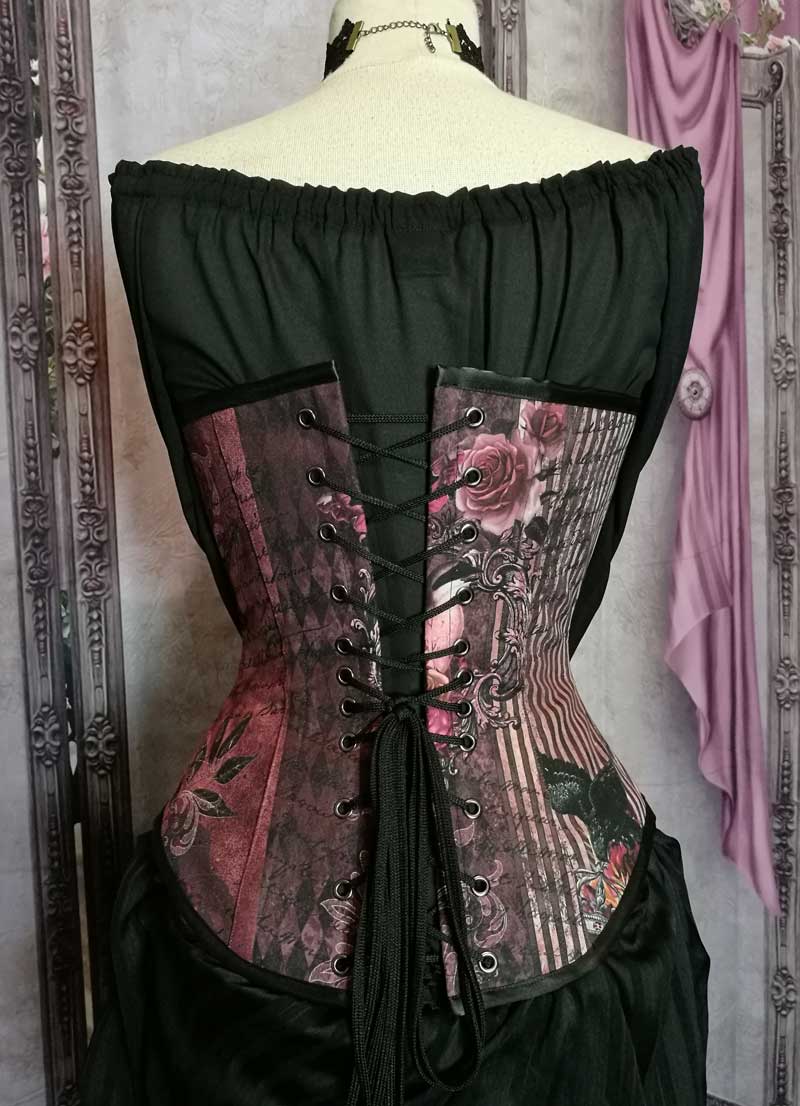 back view of the custom made fabric in Australian made Gallery Serpentine Gothic Memento burgundy dusky pink peach toned steel boned corset made to measure