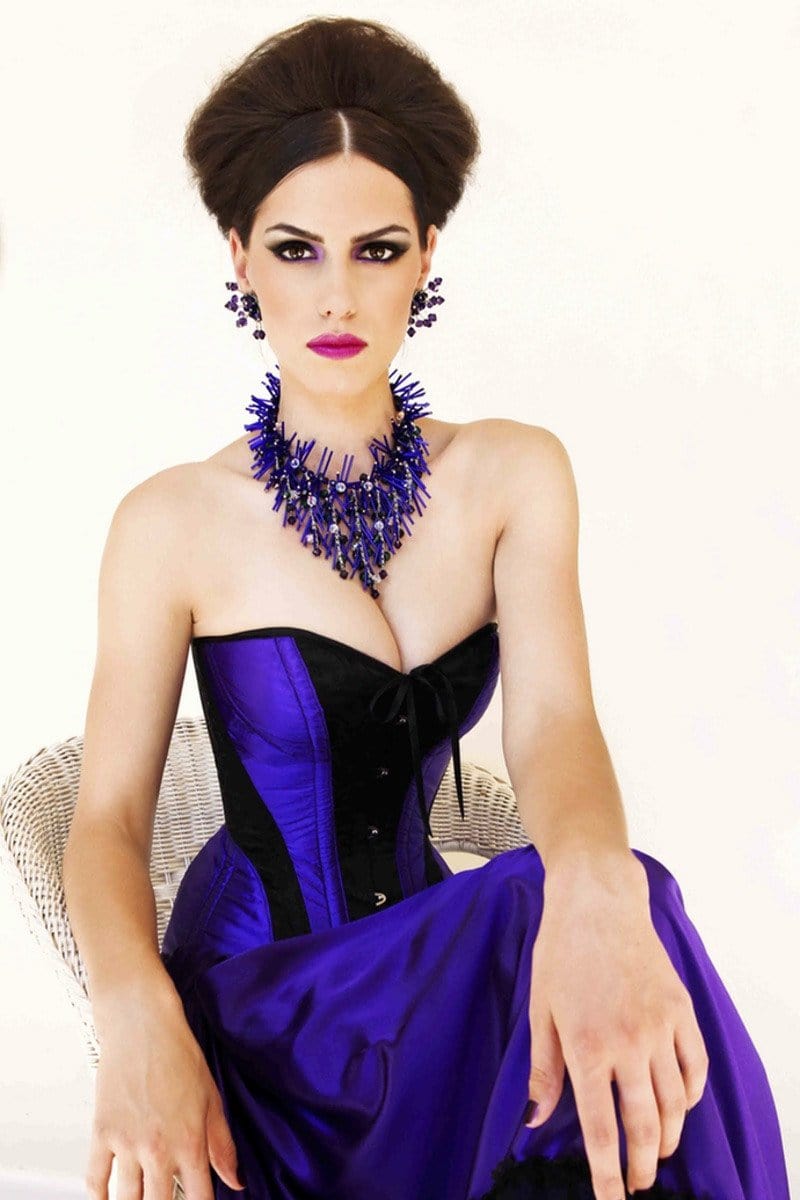 Amethyst Turn of the Century Corset steel boned, purple and black baroque patterned jacquard, made in Australia by Gallery Serpentine