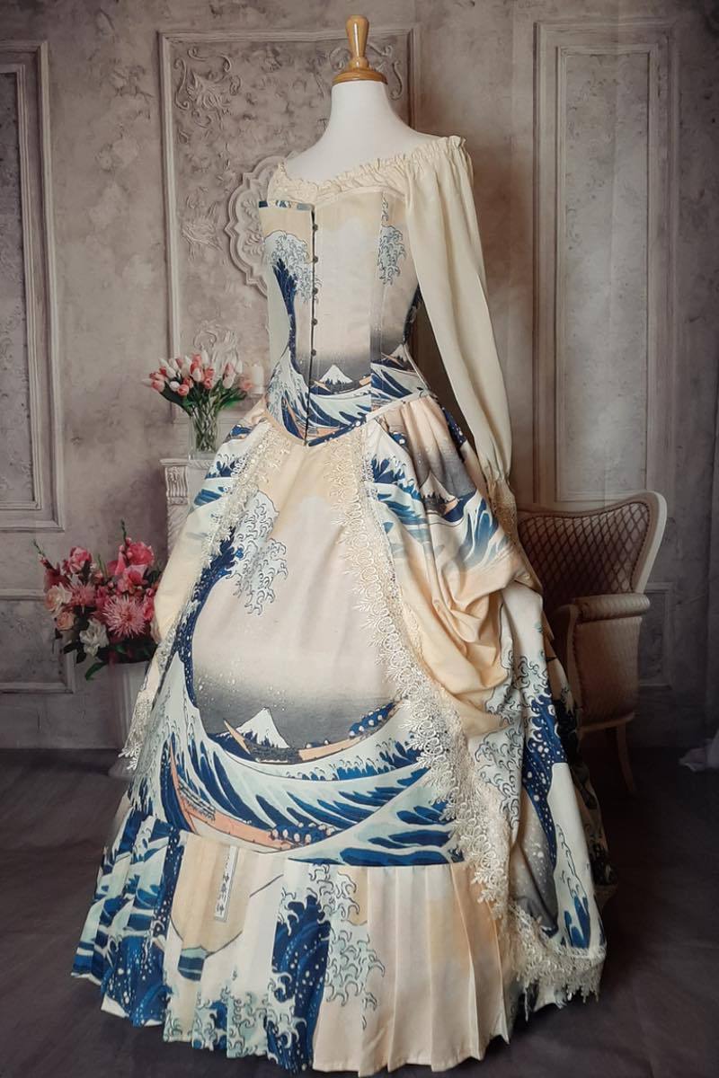 view showing the double layer skirt set of The Great Wave japanese painting on a victorian corset art gown made in Australia