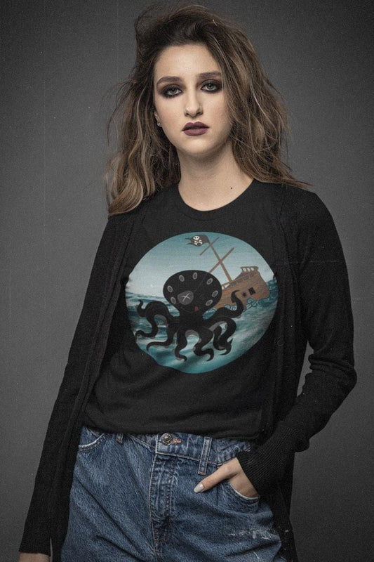 The Happy Kraken pirate shirt on a goth model