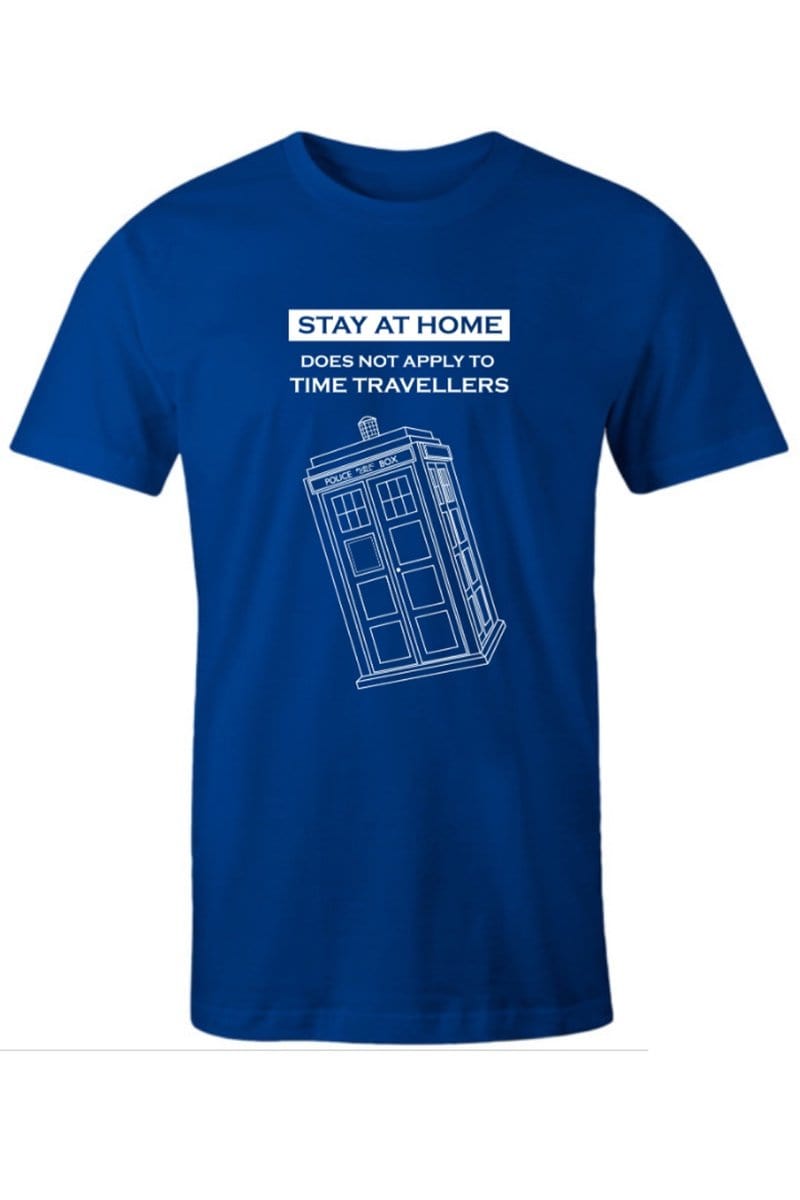 Australian made and printed in Melbourne high quality AS mens tshirt in police box blue colour with funny Iso stayathome time travellers meme