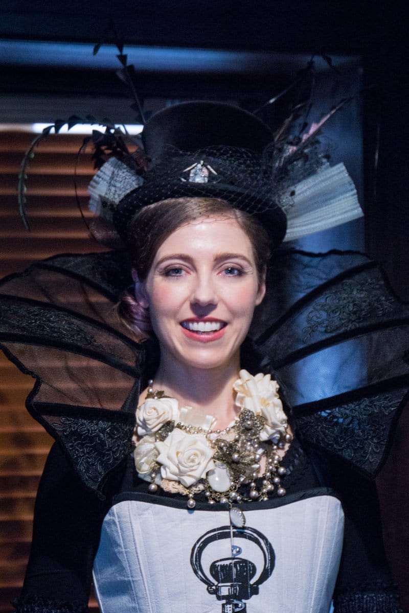 happy smiling steampunk model in the Miss Rozellina White, victorian steampunk bridal choker made in Sydney by MisSMasH worn with a Marie Antoinette bridal gown by Gallery Serpentine