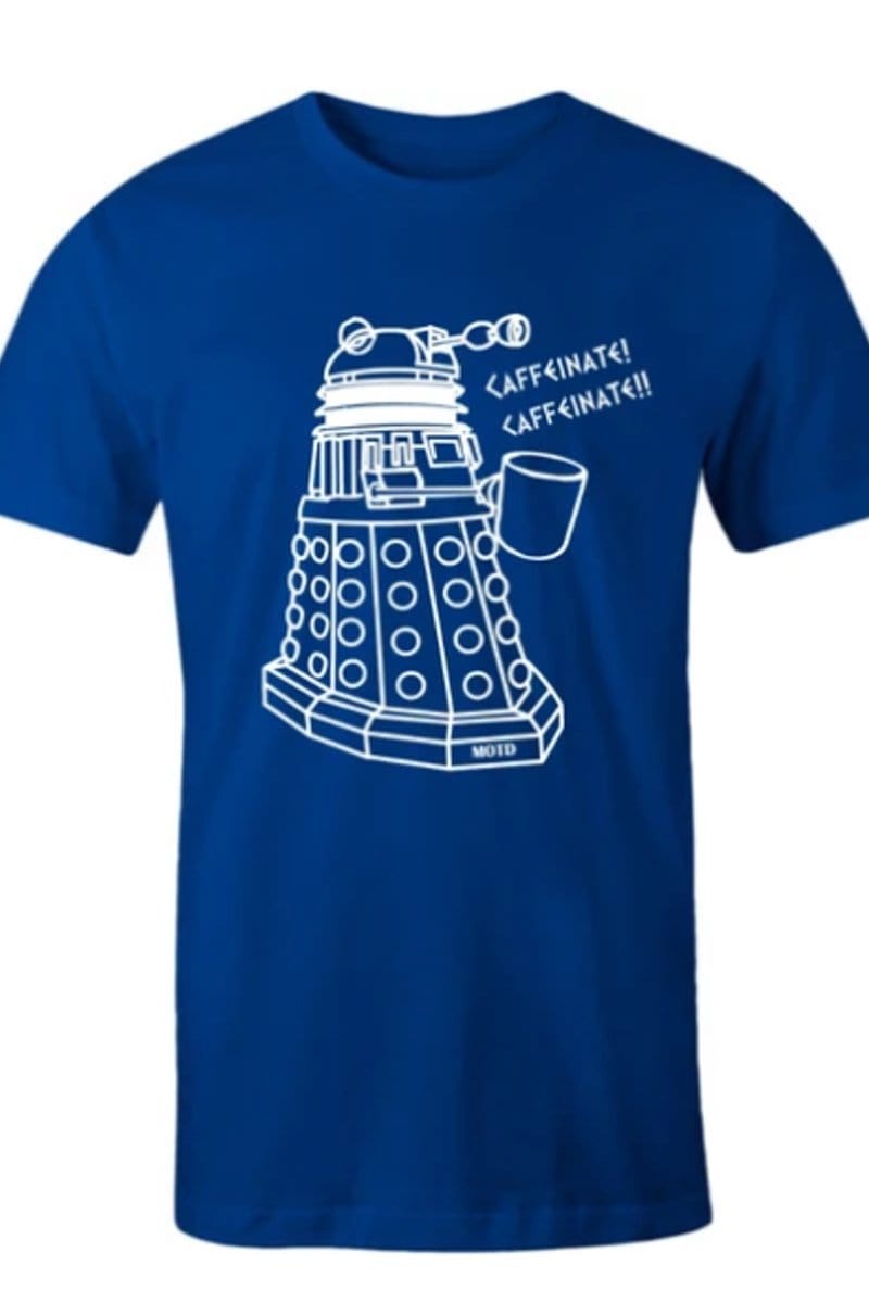 bigger brighter Dalek Caffeinate Caffeinate meme tee for men in blue