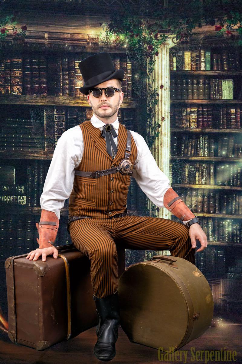 steampunk convention model for Westworld tombstone cosplay outfit featuring the Tan Outlaw Vest from genuine 1800s old wild west frontier menswear vest pattern