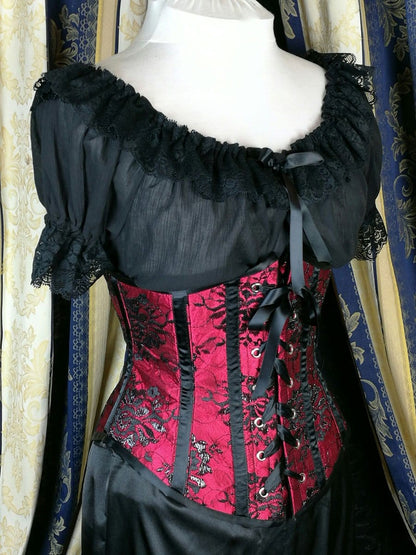 Australian made soft victorian style under corset chemise to cover upper arms and back made from a soft cotton cheesecloth trimmed with black lace, worn here with a red steelboned corset