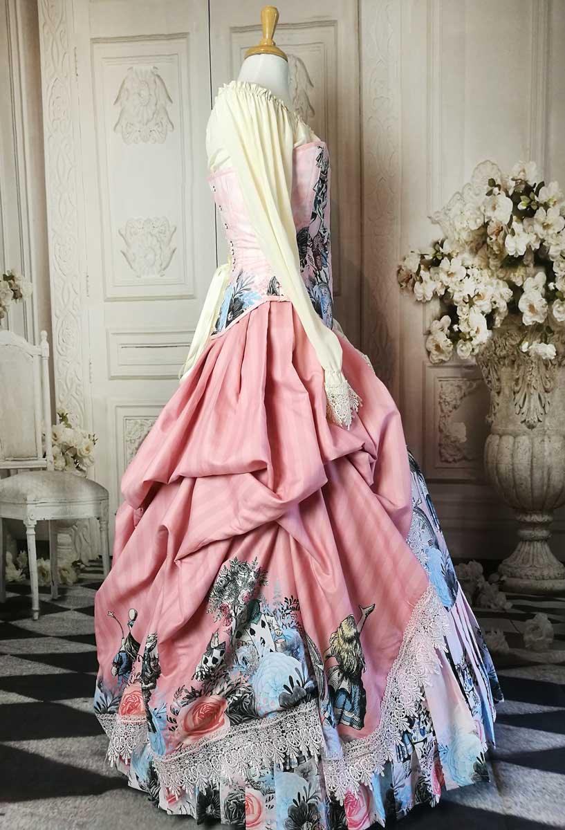 side view of the Pink victorian themed Alice in Wonderland wedding dress made in Australia
