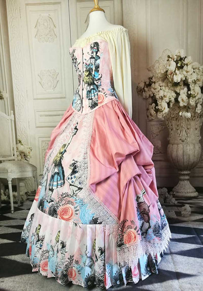 Alice in Wonderland characters feature on the Pink victorian themed Alice in Wonderland wedding dress made in Australia