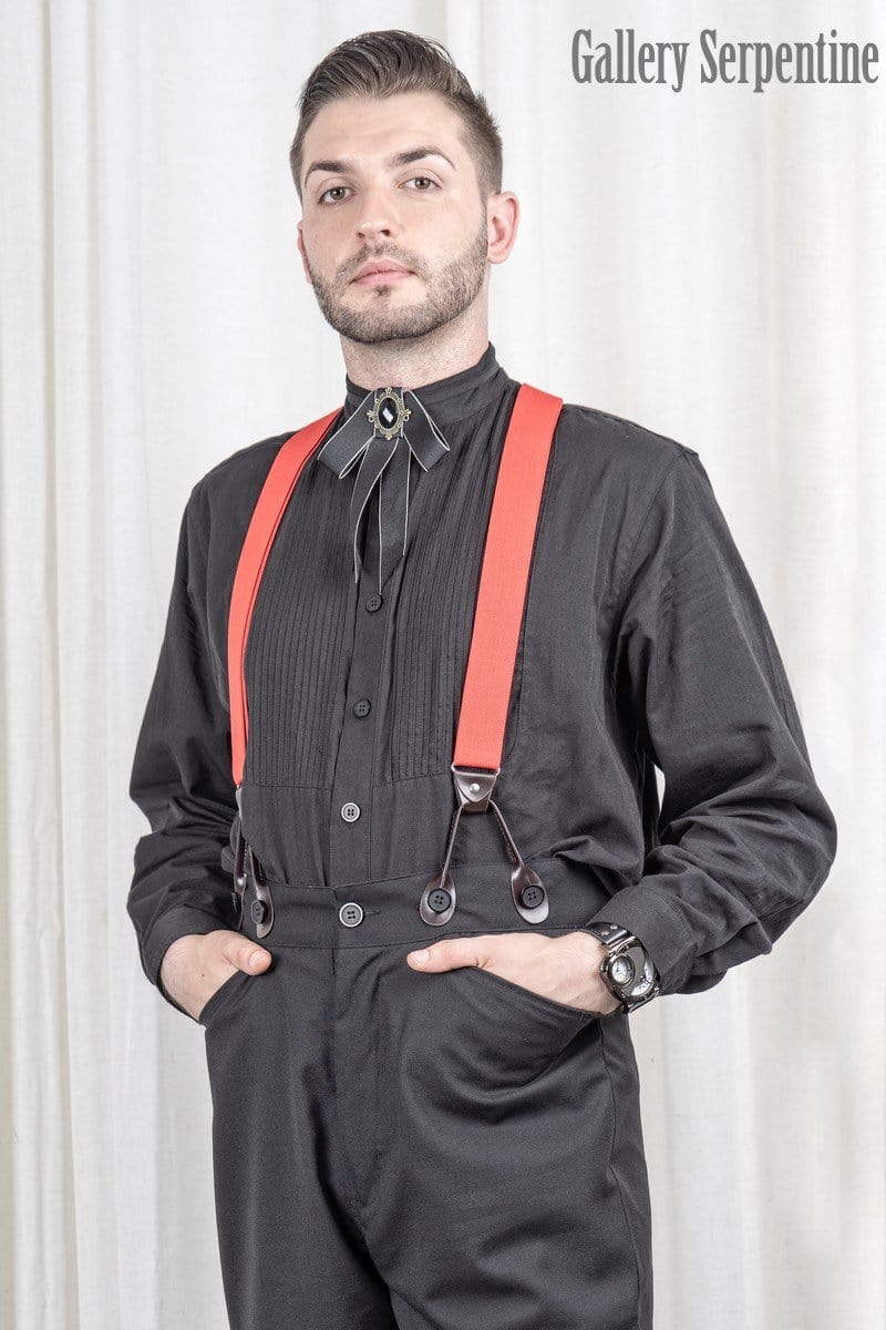 Tombstone Trousers are an authentic old wild west mens pant, high waisted, black part wool, part rayon, part polyester and worn with button on suspenders