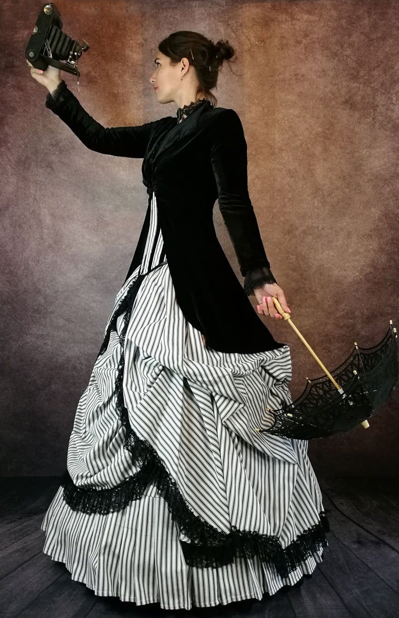 Victorian studio style shoot featuring the Victorian Picnic Gown in black & white striped cotton
