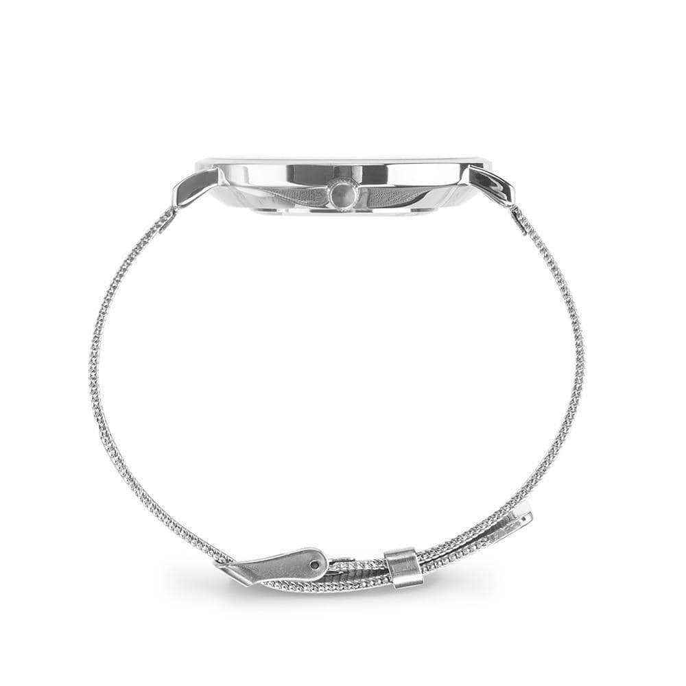 side profile of the silver the Lady and the Unicorn tapestry artwork now on a quality citizen movement watch