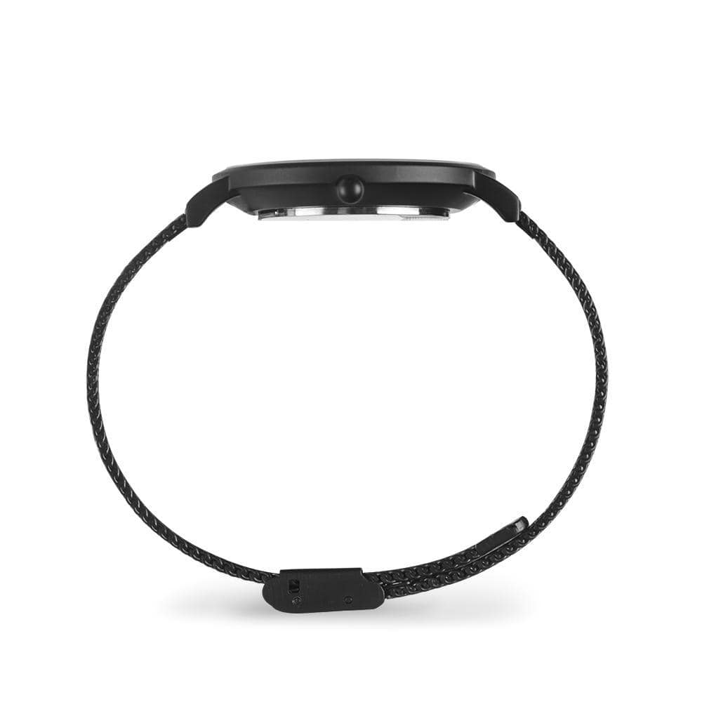 side profile of the black the Lady and the Unicorn tapestry artwork now on a quality citizen movement watch