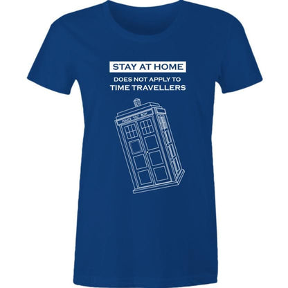 funny Dr Who meme t-shirt for women with a police box graphic and reference to Time Travellers