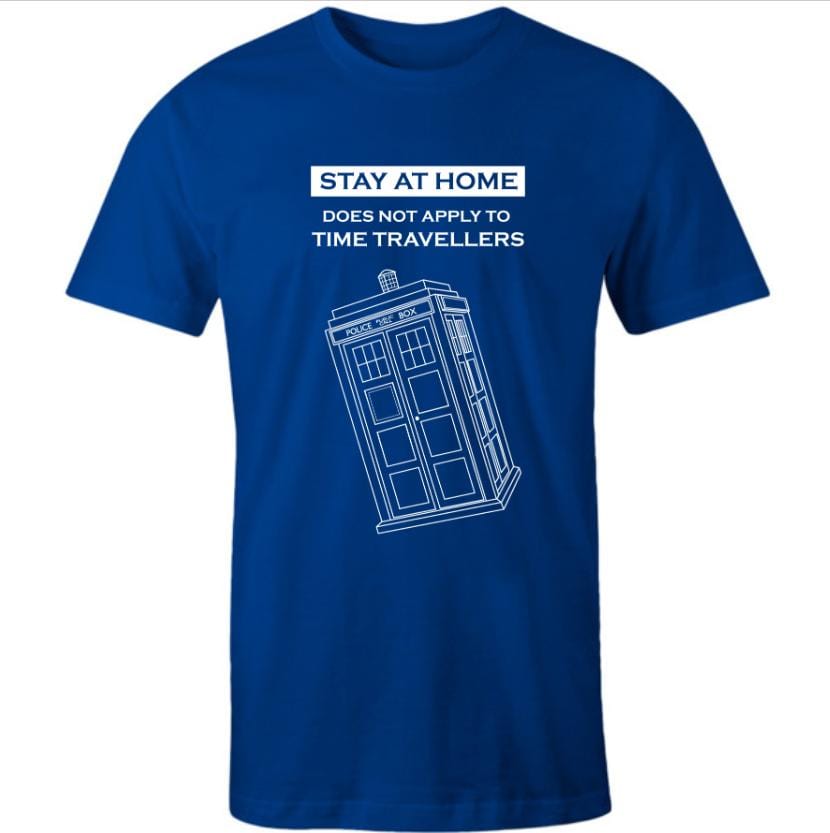 blue men's tshirt printed with a white Time Travelling Dr Who Tardis theme meme