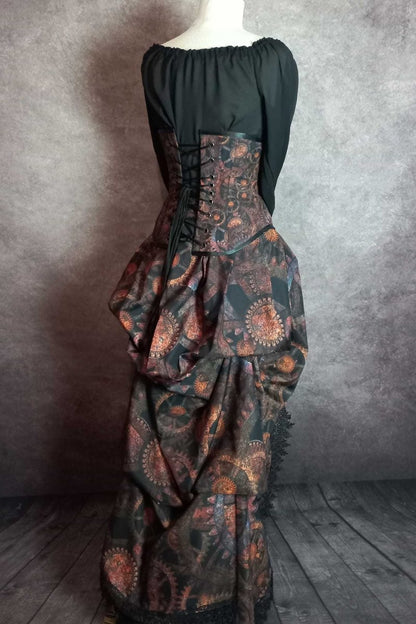 back view of the copper brown gold clockwork steampunk victorian bustle skirt and matching corset at Gallery Serpentine