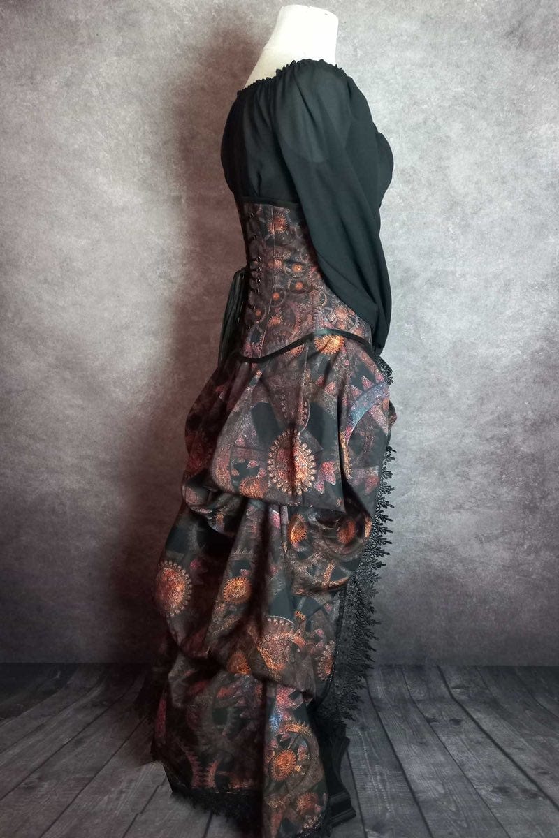 side view of the Steampunk Cogs Clockwork victorian bustle skirt and matching under bust corset made in Australia