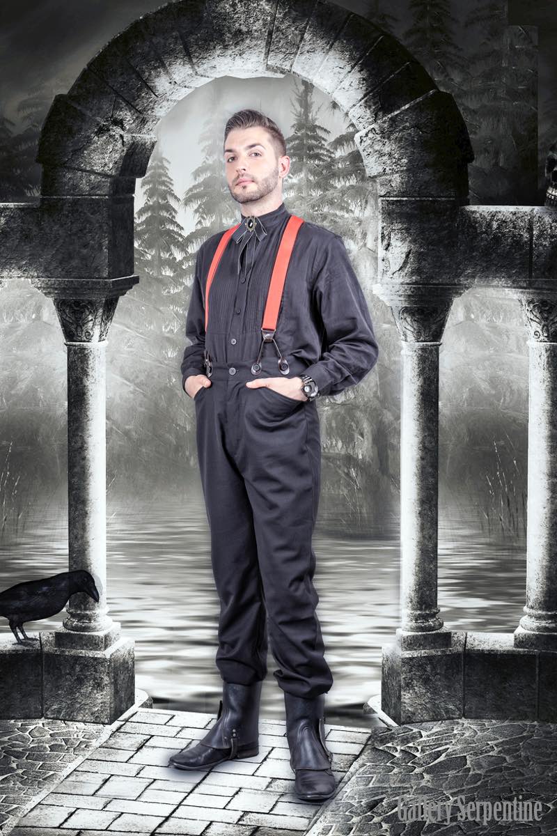 worn with red button on suspender braces is the  Tombstone trousers, high waisted old west style