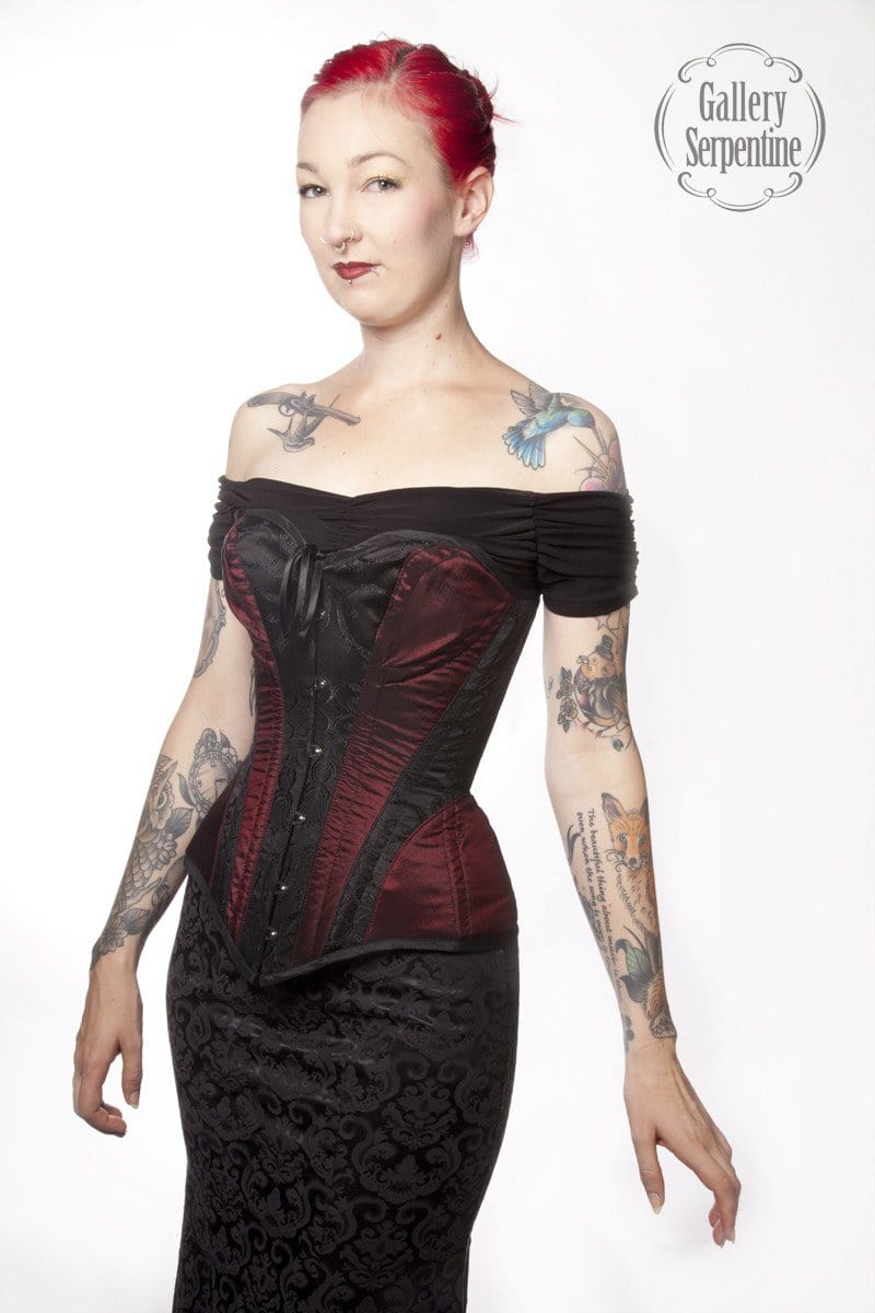 side view of the gothic victorian and steampunk over bust steel boned corset made to measure by corset makers for Gallery Serpentine clients