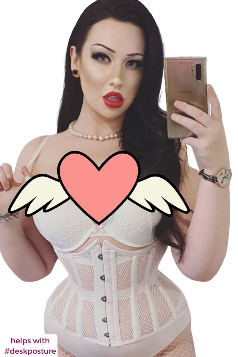 gothic pin up model tinuvielayla wearing the Undercover Angel corset for work from home desk posture