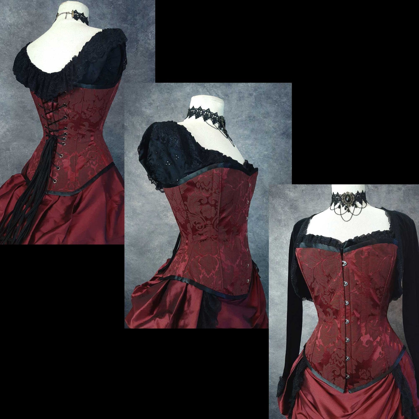 3 photos in a layup to show the shape and detail of the limited edition gothic victorian garnet brocade over bust corset made in Australia