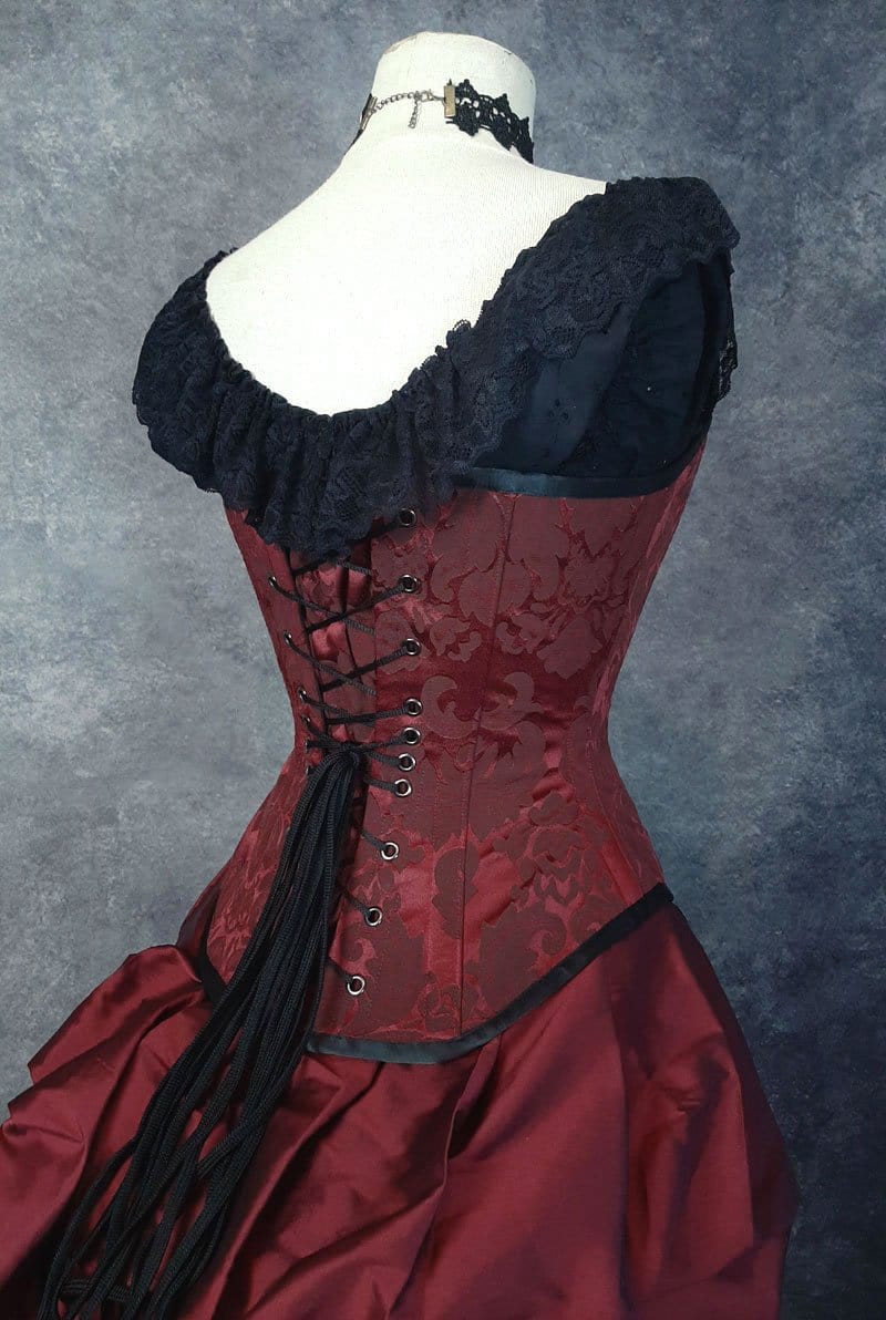 back side view of the garnet brocade steel boned australian made corset