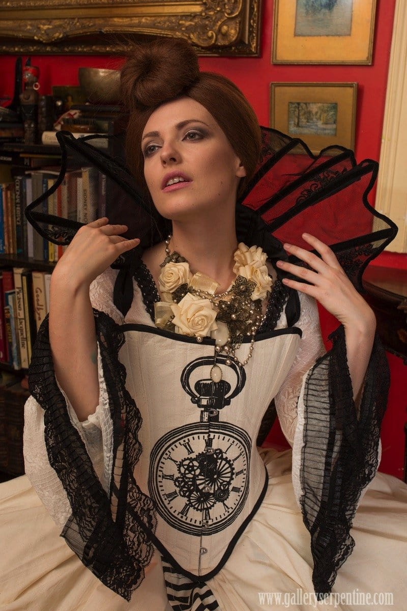 Miss Rozellina White, victorian steampunk bridal choker made in Sydney by MisSMasH worn with a Marie Antoinette bridal gown by Gallery Serpentine