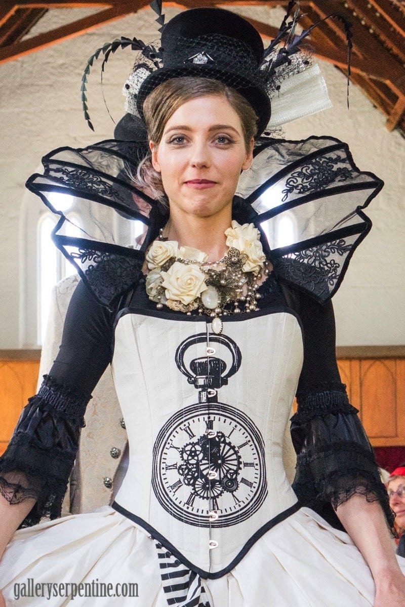 fashion show in church wearing the Miss Rozellina White, victorian steampunk bridal choker made in Sydney by MisSMasH worn with a Marie Antoinette bridal gown by Gallery Serpentine
