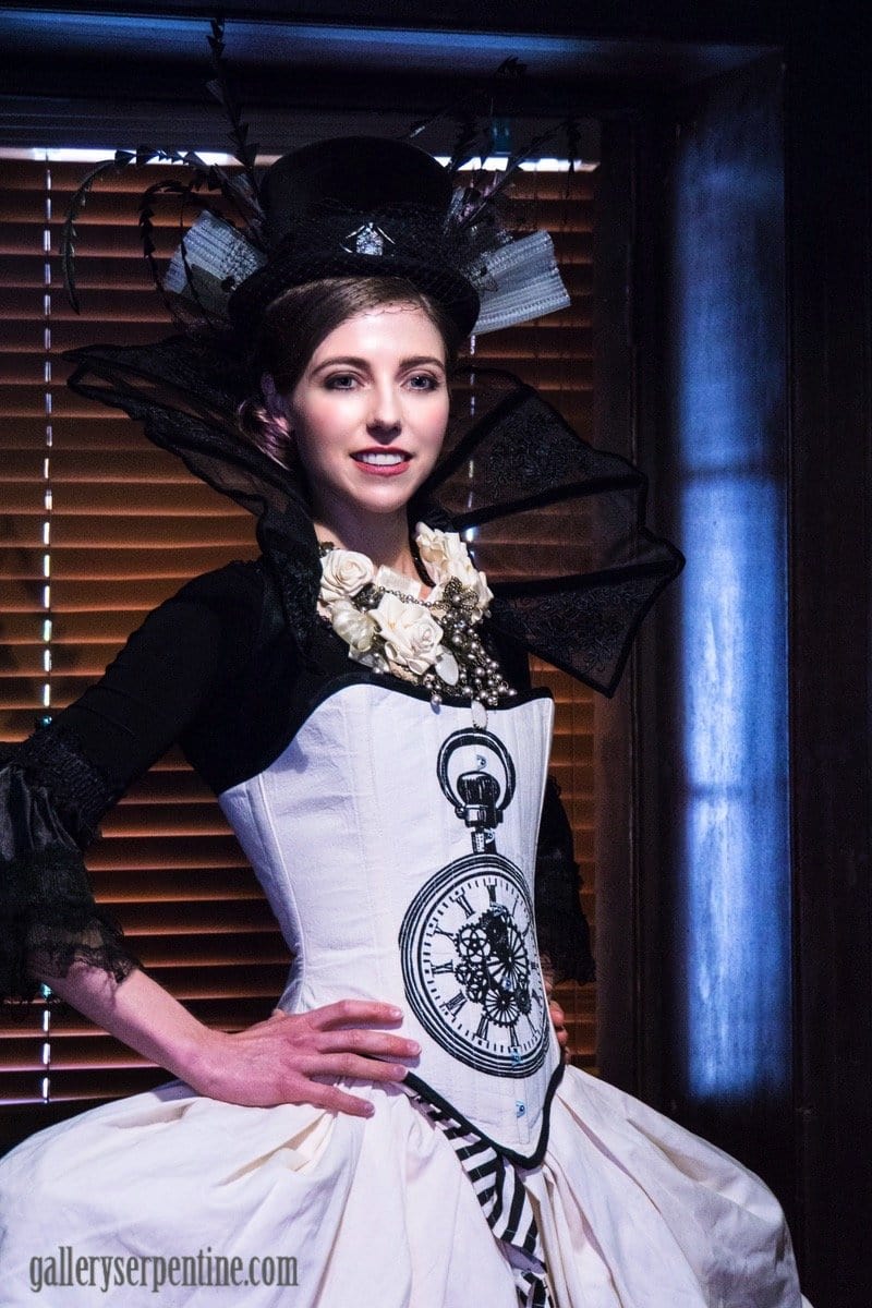 side front view of the Miss Rozellina White, victorian steampunk bridal choker made in Sydney by MisSMasH worn with a Marie Antoinette bridal gown by Gallery Serpentine