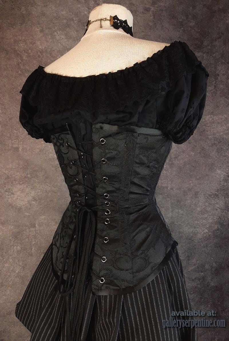 side back view close up of the black Venus corset worn with an under corset top