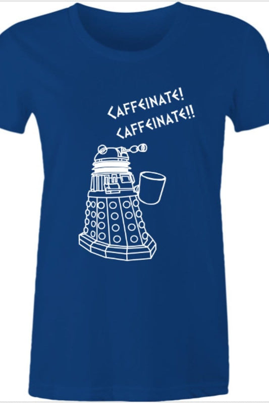 blue womens cotton tshirt printed in Australia with original caffeinate dalek meme in white