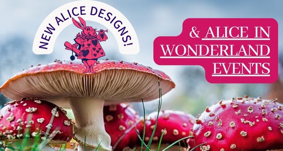 cute picture of red and white toadstool mushrooms with a cartoon rabbit from Alice in Wonderland on top