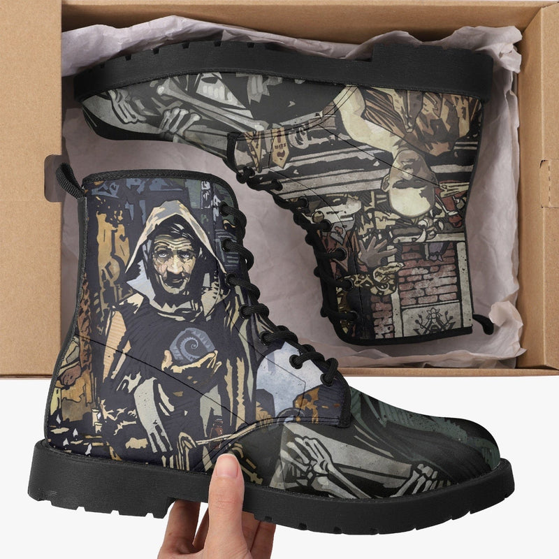 Artwork from Blood on the Clocktower translated to vegan boots by official BoTC clothing partner, Gallery Serpentine