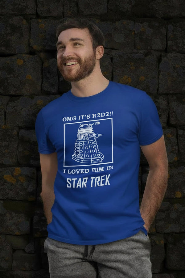 man smiling in his confused sci-fi t-shirt