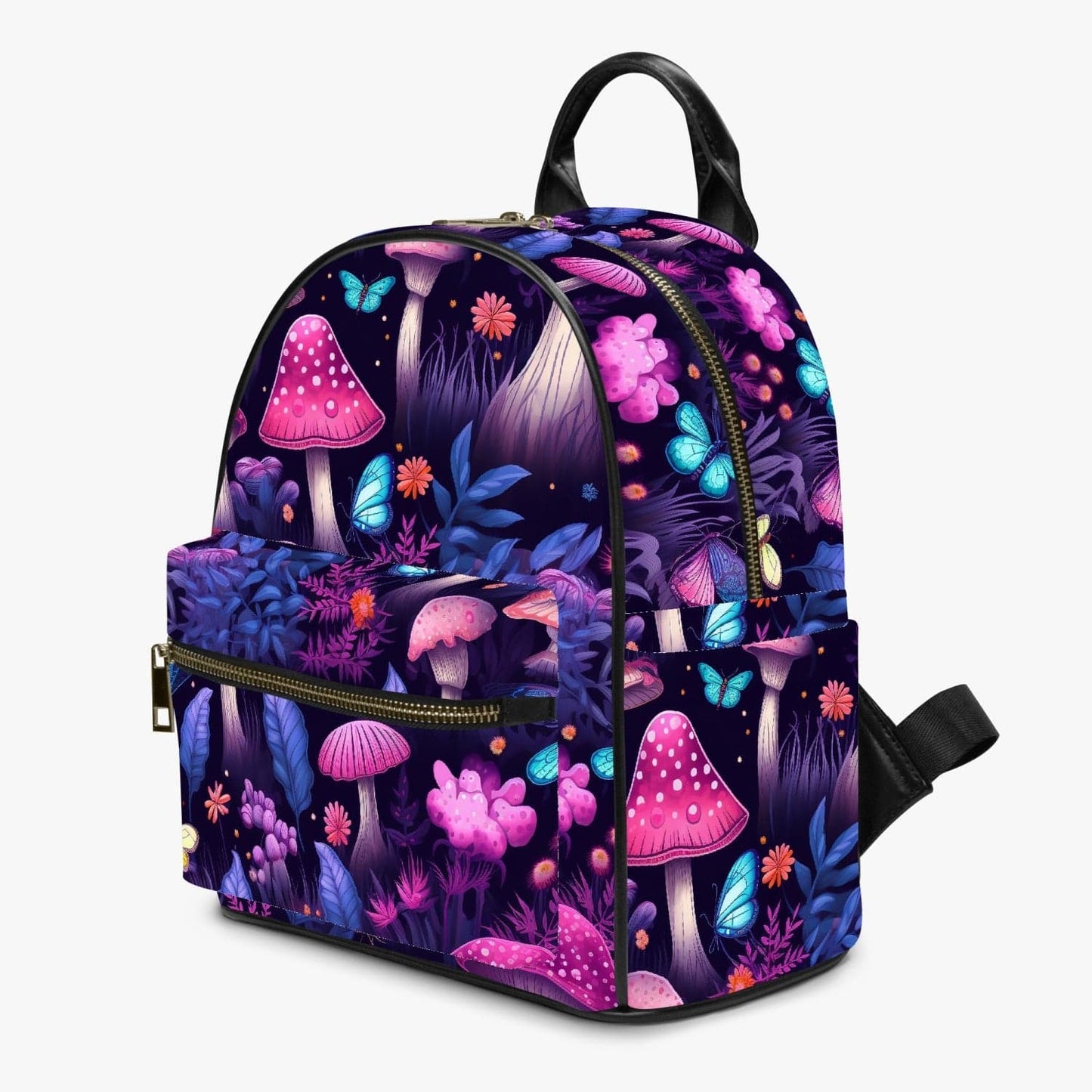 side view of backpack featuring a midnight garden of mushroomcore bright glowing pink and purple mushrooms printed on strong waterproof pu