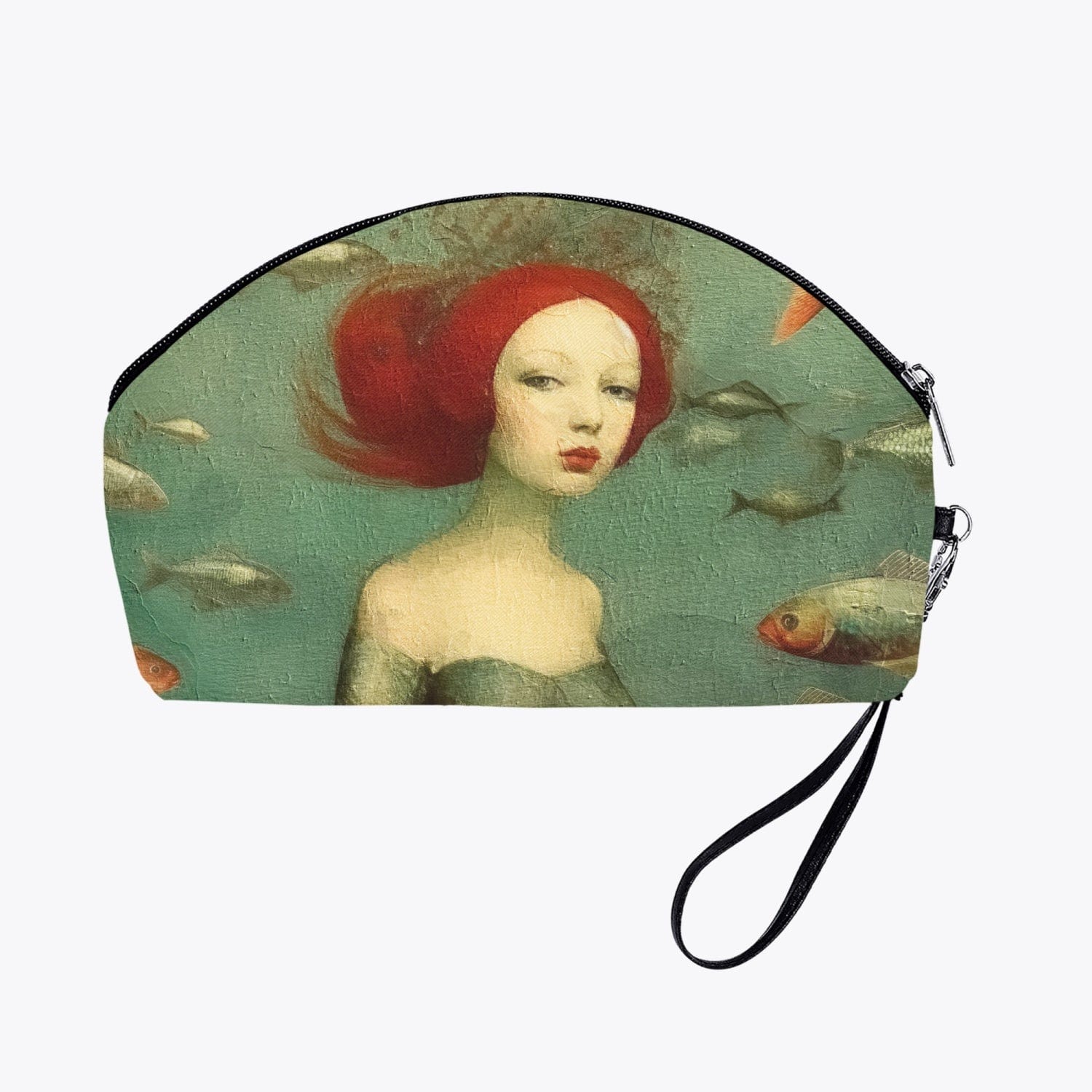 oil painting style makeup purse ideal as a gift for travellers who appreciate the mysteries of the ocean and mermaids, colour palette of sage and sea greens, reds, creams