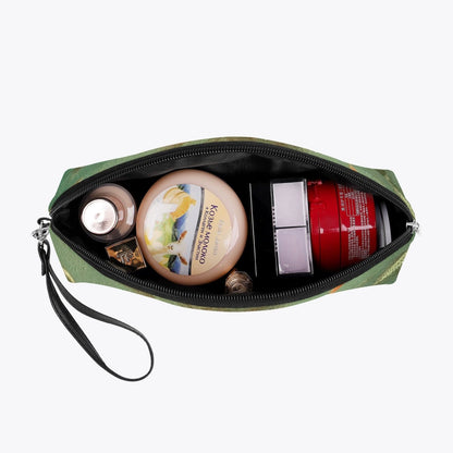 inside view of the oil painting style makeup purse ideal as a gift for travellers who appreciate the mysteries of the ocean and mermaids, colour palette of sage and sea greens, reds, creams