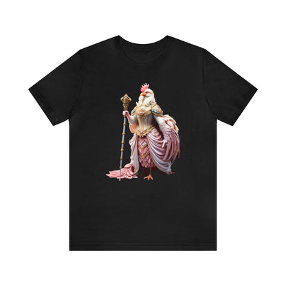 Royal Queen of the Chickens, Queen Cluck in a glorious pink gown on a Bella+Canvas 3001 t-shirt