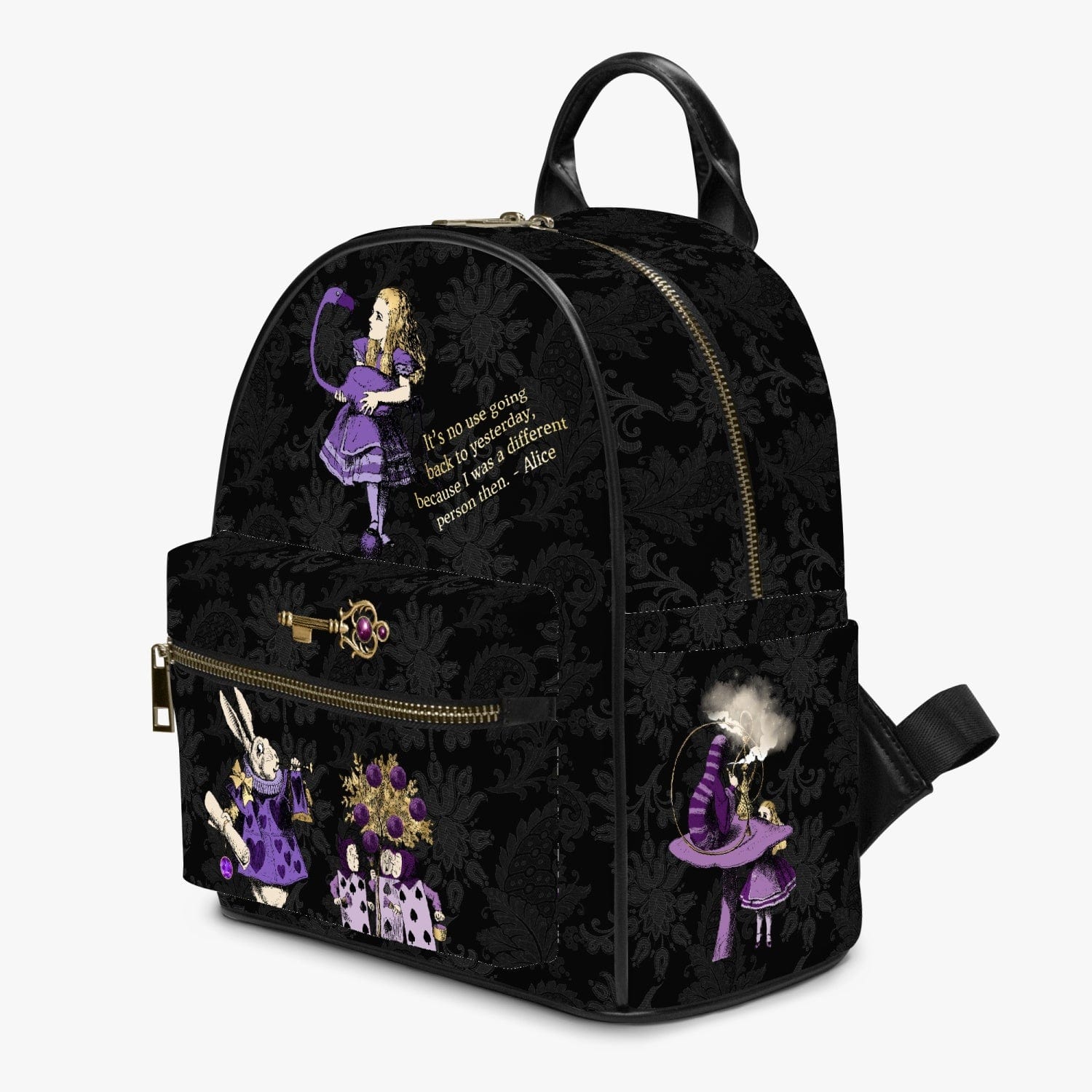 black damask patterned mini backpack featuring Alice in Wonderland characters in purples and lilacs with a famous Alice quote in gold