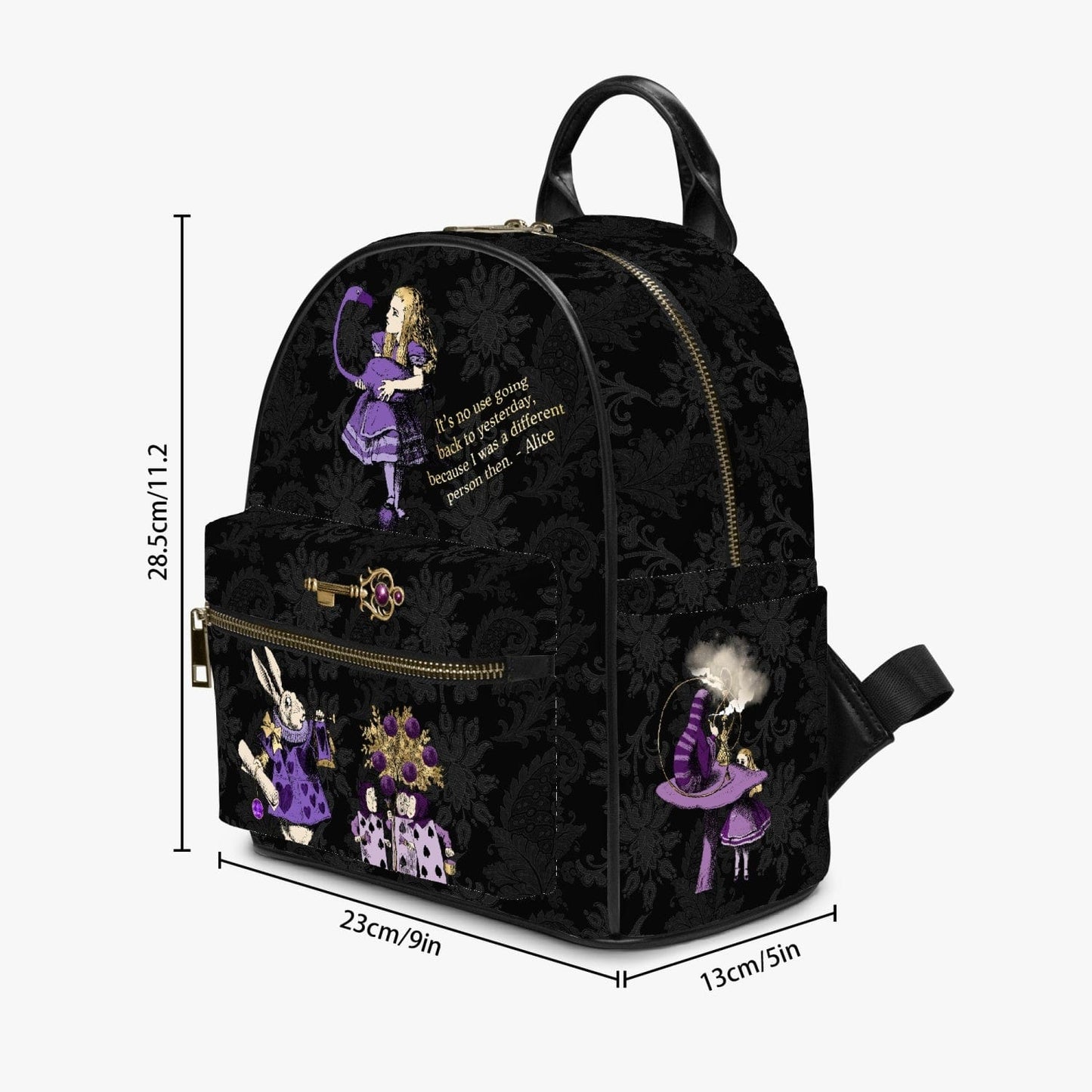 Gothic Alice in Wonderland backpack image showing the dimensions marked beside it