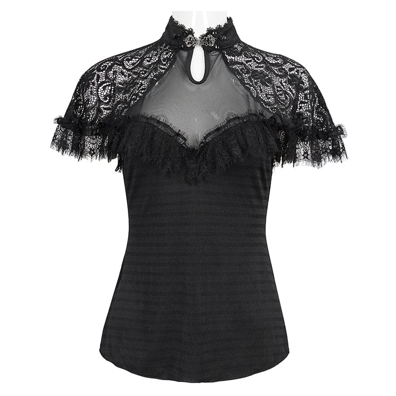 close up view of the Gothic Elegance women's top made from textured lace, mesh, eyelash lace trim and soft polyester spandex.  jewelled silver clasp at the neck