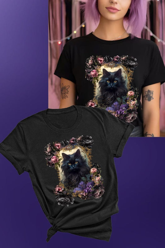 Black fluffy cat surrounded by a midnight garden of peonies and dark florals on a quality AS Colour Maple T-shirt from Gallery Serpentine being worn on a model and also shown styled