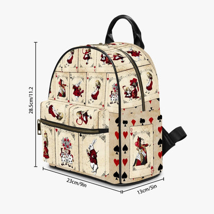 Vintage retro red white and cream Alice in Wonderland playing cards print small backpack at Gallery Serpentine with backpack dimensions typed on image of 23cm wide, 28.5cm high and 13cm deep
