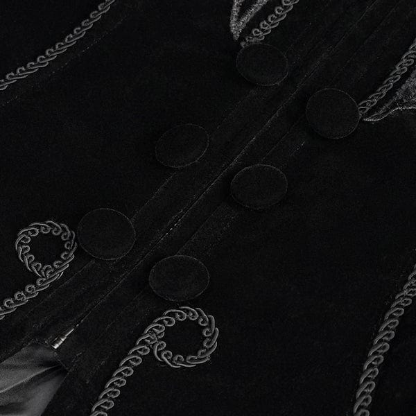 close up on the black velvet buttons of the Black velvet gothic victorian fitted women's jacket at Gallery Serpentine