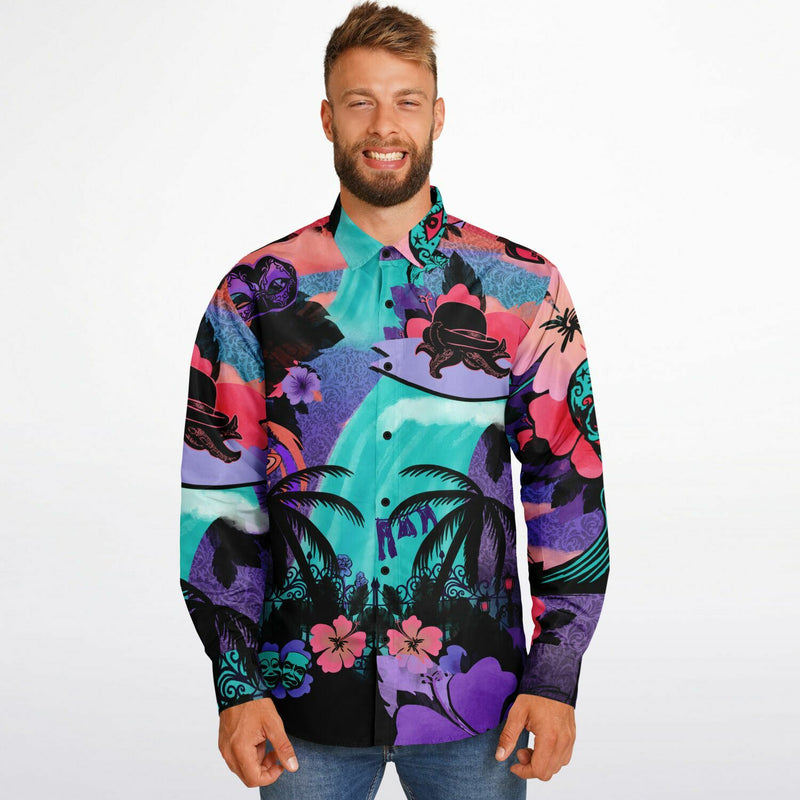 Lil Monsta goes Surfing - long-sleeve button down shirt