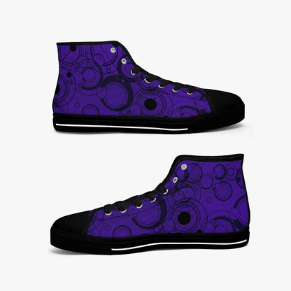 profile side view of Women's Time Lord Gallifreyan Gallifrey language retro sneakers in a vivid gothic purple at Gallery Serpentine