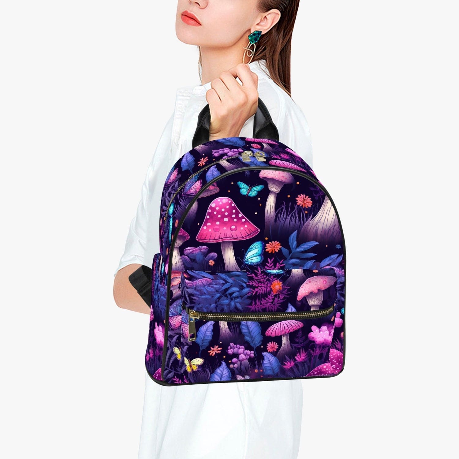 biology student carrying the backpack featuring a midnight garden of mushroomcore bright glowing pink and purple mushrooms printed on strong waterproof pu