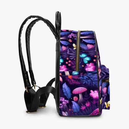 side view showing the awesome comfy straps on the backpack featuring a midnight garden of mushroomcore bright glowing pink and purple mushrooms printed on strong waterproof pu