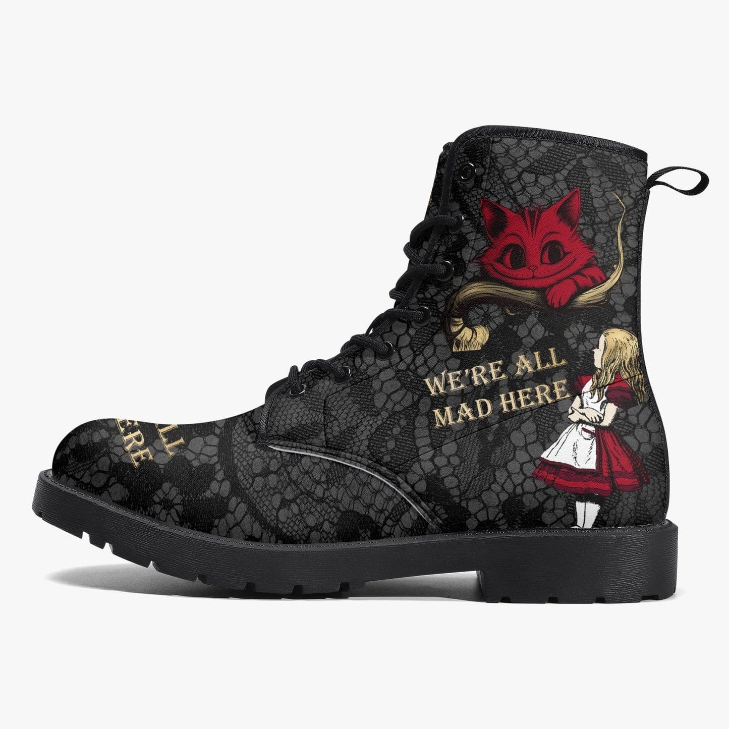 side view of gothic Alice in Wonderland faux leather boot featuring a gothic lace background and Alice Quotes