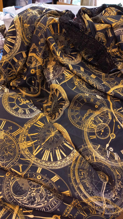 custom designed and printed golden clocks fabric used in hand making the Golden Clocks steampunk skirts at Gallery Serpentine