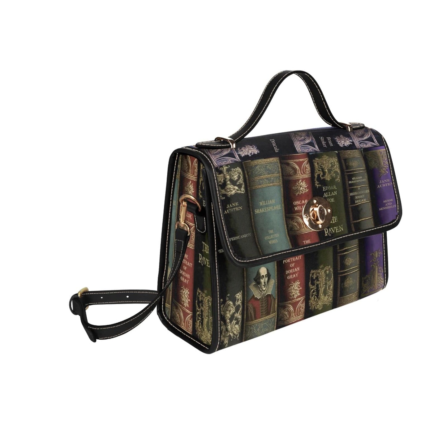 satchel handbag printed with spines of classic literature titles in dark colours, side view